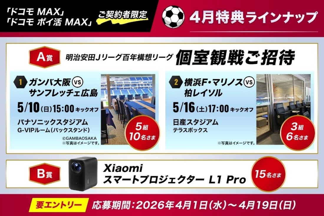 「ドコモ MAX」「ドコモ ポイ活 MAX」をご契約のお客さま限定！Ｊリーグの試合観戦・イベントチケットやグッズなど、サッカーをより楽しめる特典を順次提供！