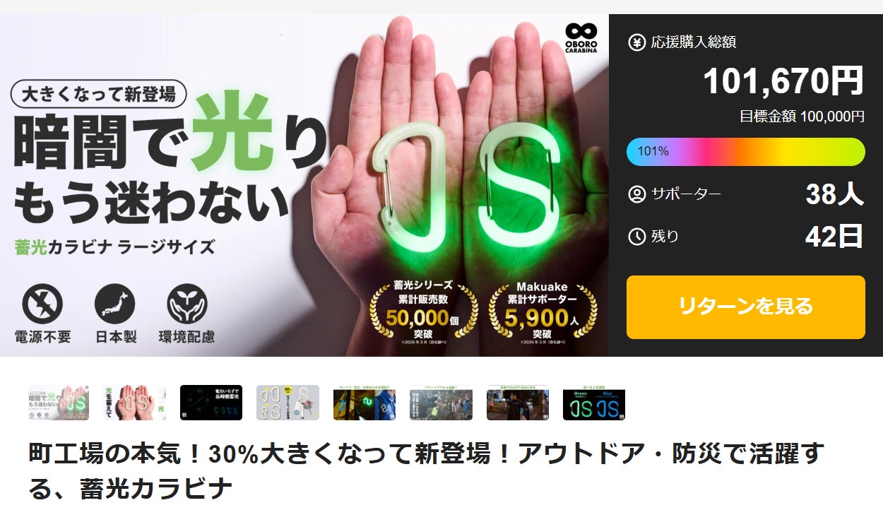 開始１０分で時間で時間で目標達成——“暗闇で迷わない”蓄光カラビナ、Makuake第7弾が好発進