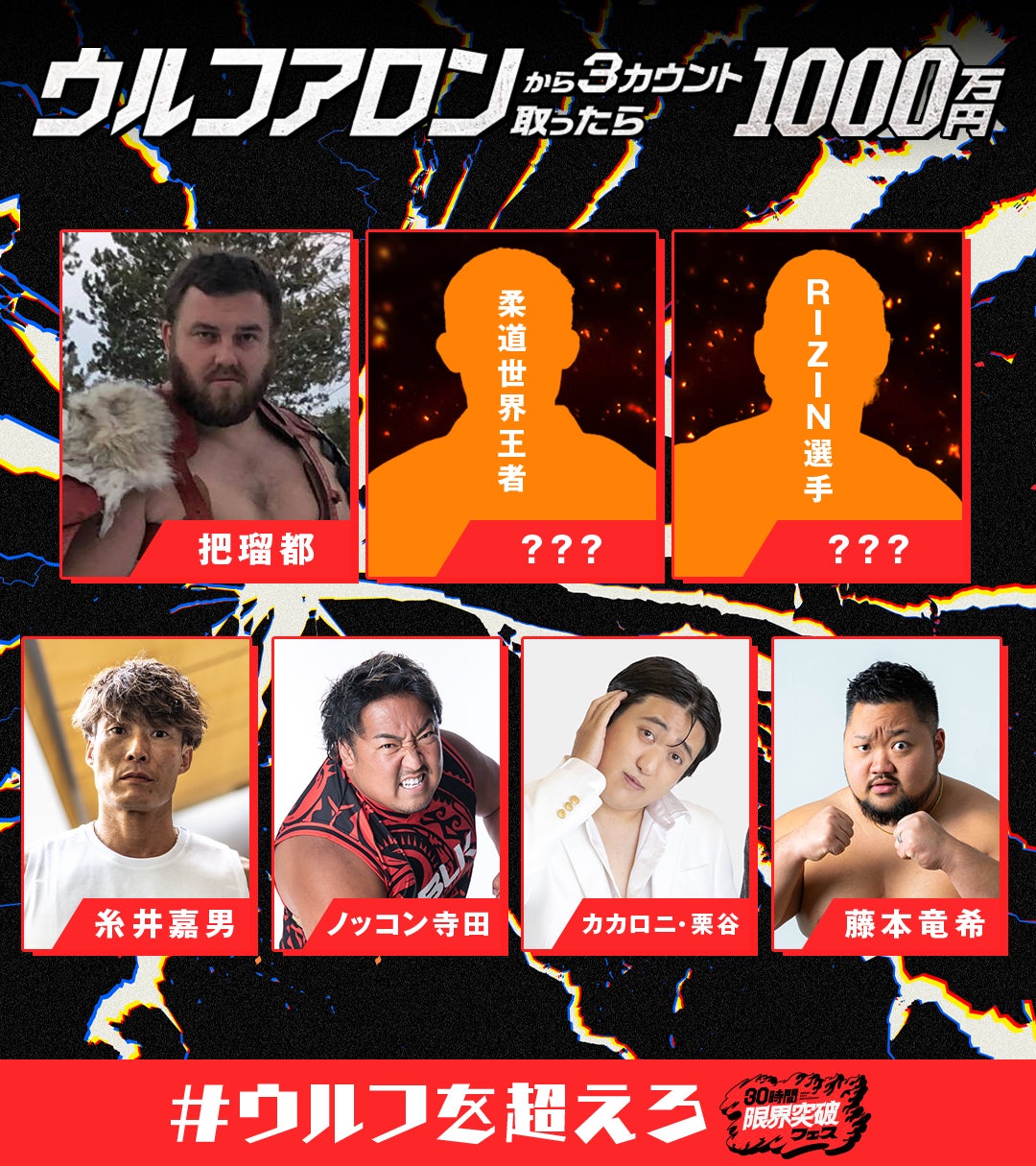 『ウルフアロンから3カウント取ったら1000万円』糸井嘉男、ノッコン寺田、“借金1000万”カカロニ・栗谷、ウルフを倒した経験あり“ベンチプレス400キロ男”藤本竜希が参戦決定！MCや豪華出演者も解禁