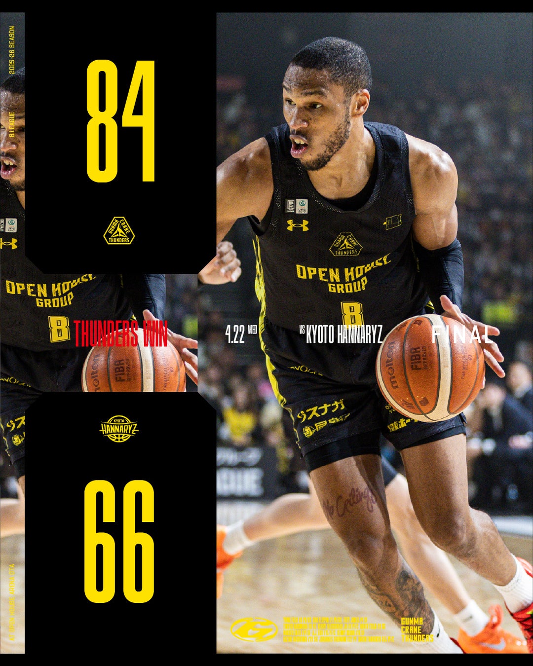 【群馬クレインサンダーズ：試合結果】4/22(水) vs 京都ハンナリーズ りそなグループ B.LEAGUE 2025-26シーズン