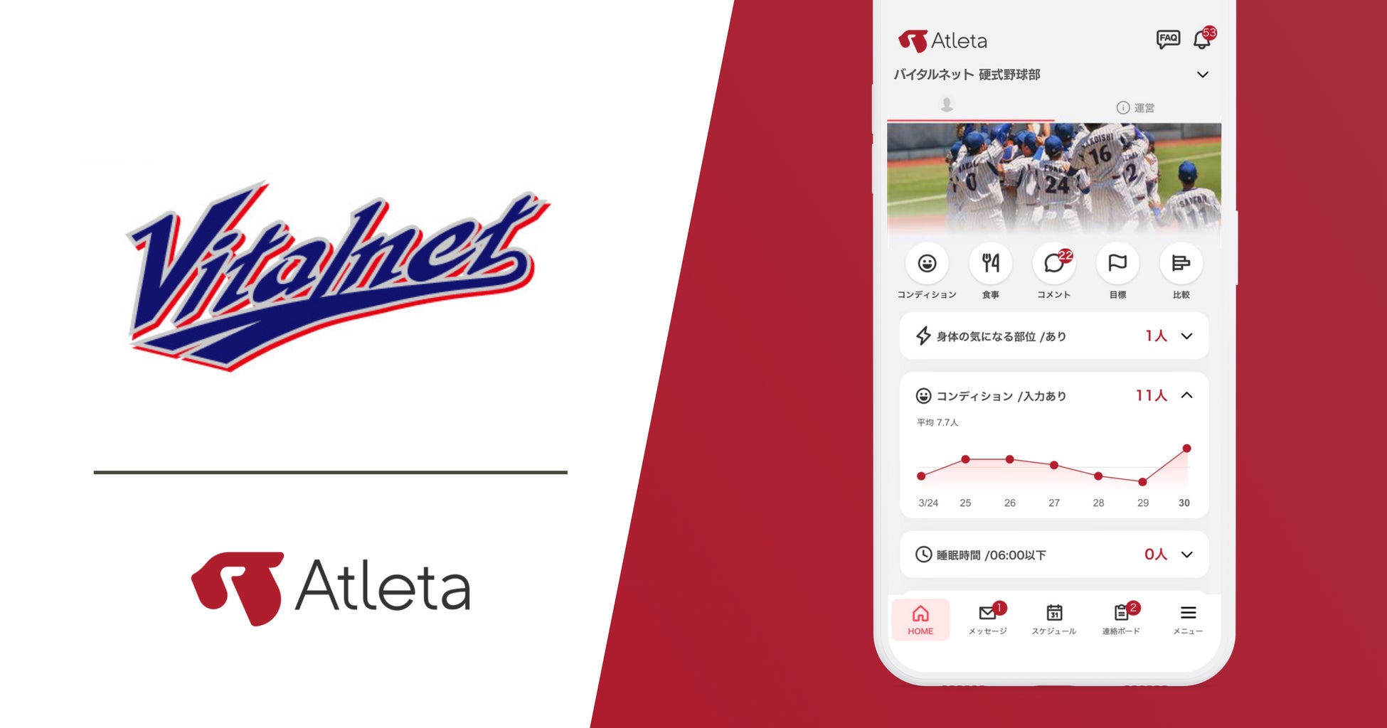 バイタルネット野球部におけるチーム運営のデジタル化として 「Atleta（アトレータ）」を導入