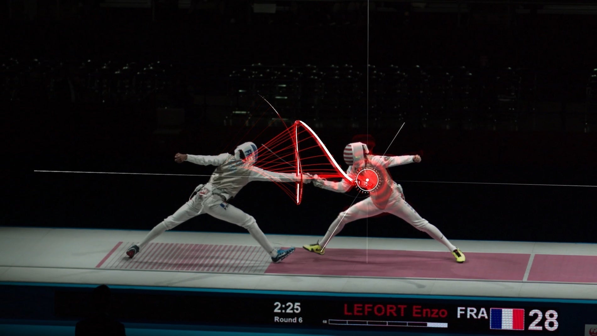人間の視覚では追いきれない剣先を検出し、リアルタイムで AR 合成する「Yuki Ota Fencing Visualized」がロサンゼルスの World Fencing League の実戦に導入
