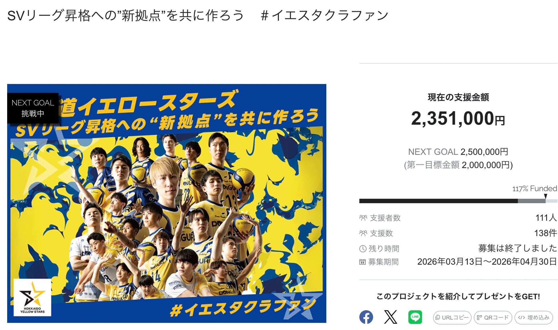 SVリーグ昇格への”新拠点”を共に作ろう　＃イエスタクラファン、目標を達成して終了！
