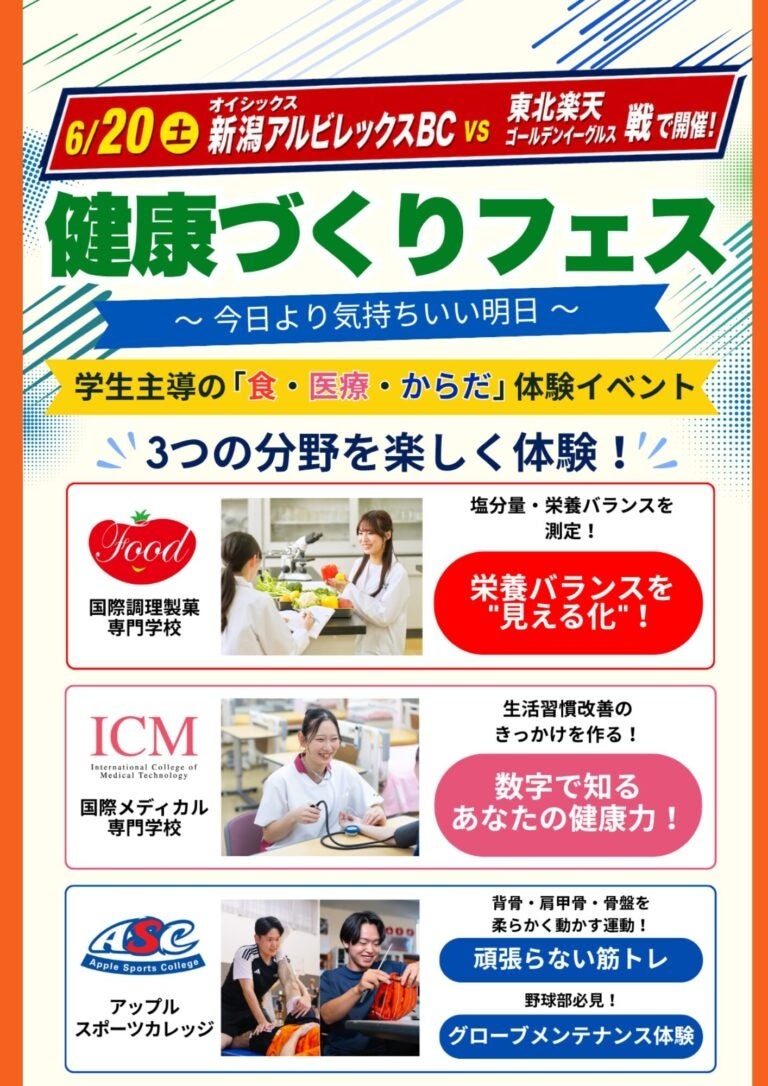 【オイシックス新潟】6/20(土)楽天戦にて「健康づくりフェス」開催！国際調理製菓専門学校・国際メディカル専門学校・アップルスポーツカレッジと連携し健康を学ぶ企画を実施