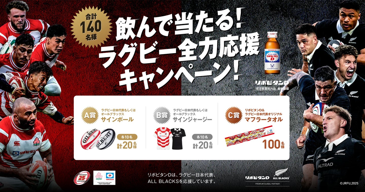 大正製薬、ラグビー日本代表協賛25周年を記念し、6月22日から「飲んで当たる！ラグビー全力応援キャンペーン！」開催リポビタンポイントチャージステーションで応募するとサインボールやジャージーが当たる