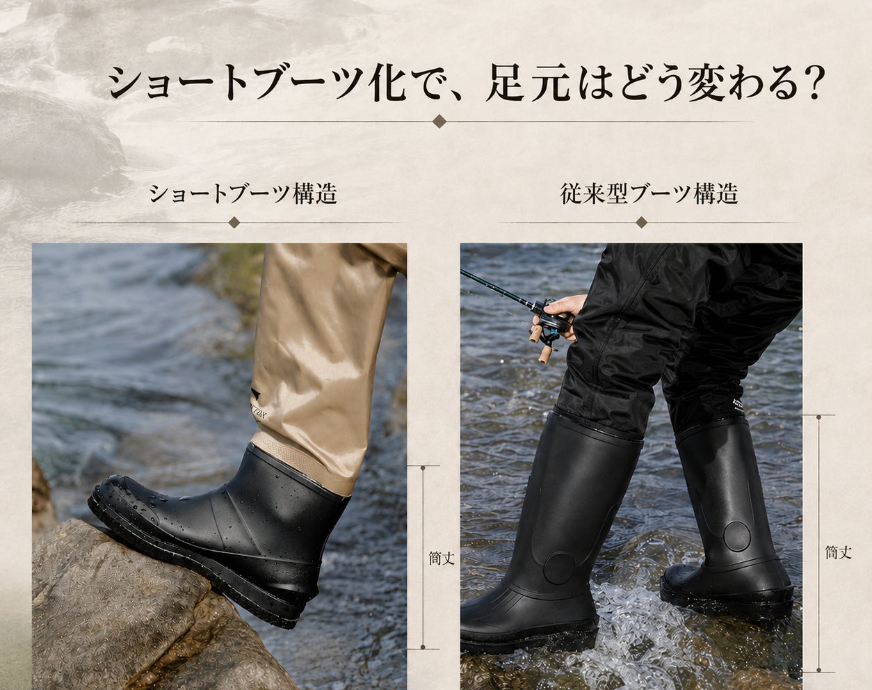 ウェーダーは“立ち込む道具”から“歩いて攻める道具”へ。ブーツ丈を短くするだけで、足元の負担はどう変わるのか