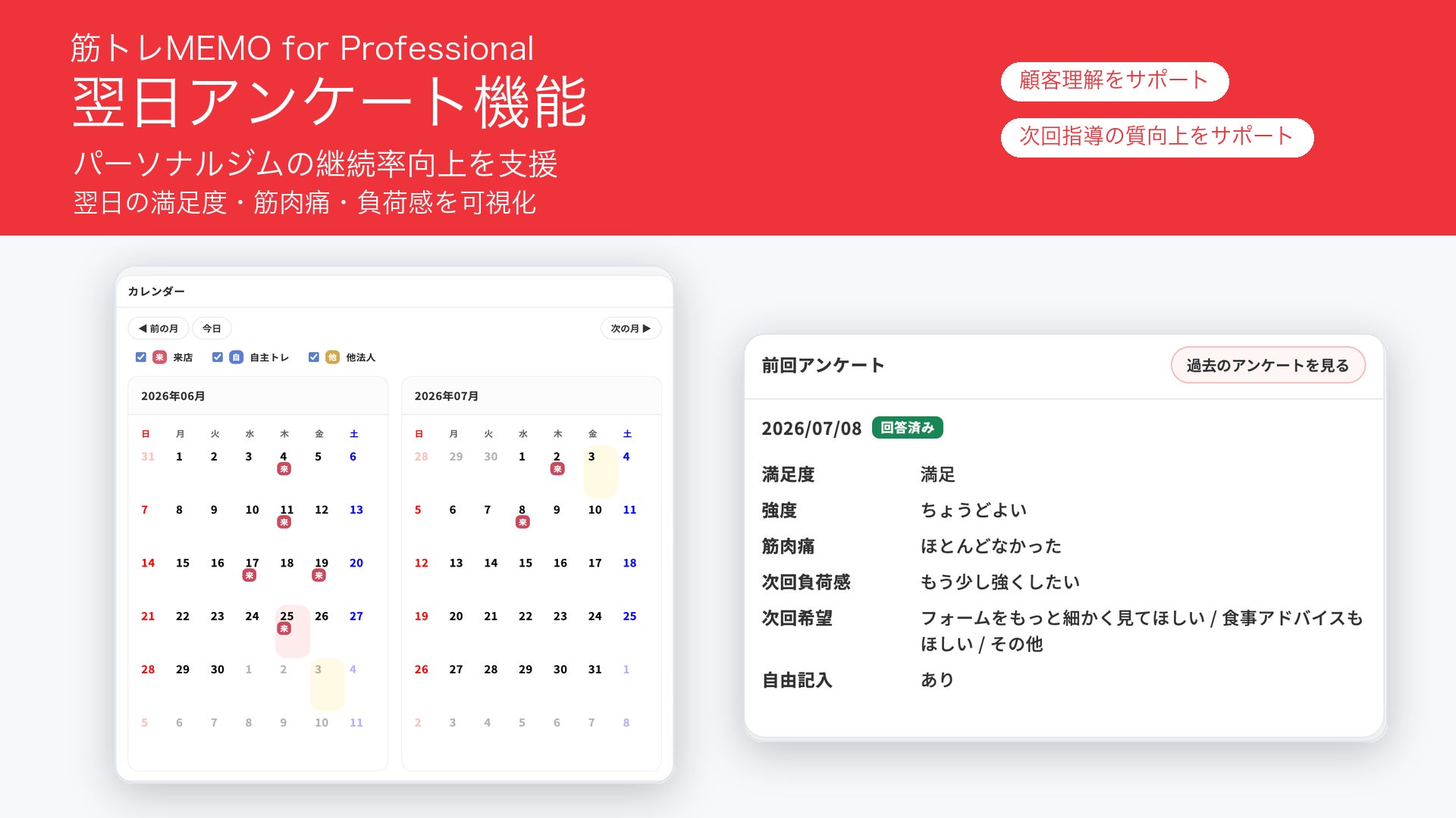 月間30万人以上が利用する「筋トレMEMO」、パーソナルジムの“継続率向上”を支援する翌日アンケート機能をリリース
