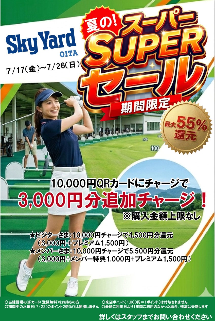 全打席トラックマンレンジ完備の「スカイヤード大分ゴルフ練習場」が、最大55％還元の『夏の！スーパーセール』を7月17日(金)より10日間限定で開催！