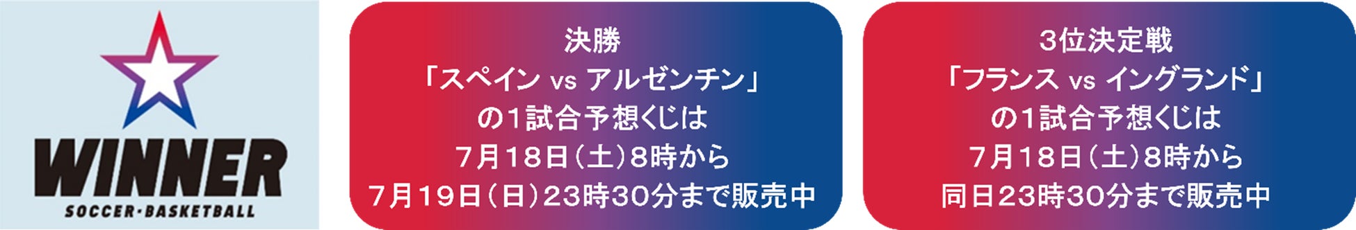 サッカーワールドカップを対象としたスポーツくじ「ＷＩＮＮＥＲ」　決勝「スペインvsアルゼンチン」、３位決定戦「フランスvsイングランド」の１試合予想くじを明日７月１８日（土）８時から販売開始！