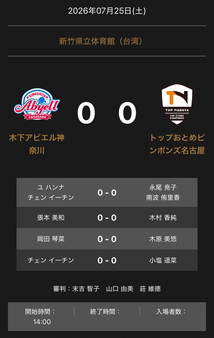 ノジマＴリーグ 2026-2027 公式戦 7月25日開催 木下アビエル神奈川 vs トップおとめピンポンズ名古屋 対戦オーダー発表