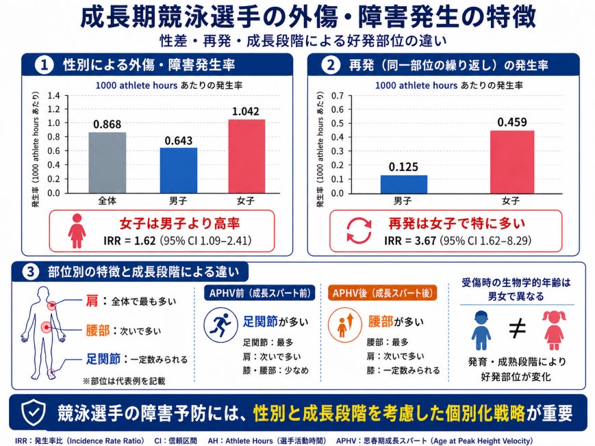 ジュニア競泳選手のケガは性別と成長段階で異なる！４年間の追跡調査で「女子の高いケガ再発率」と「成長時期ごとの痛めやすい部位」を解明