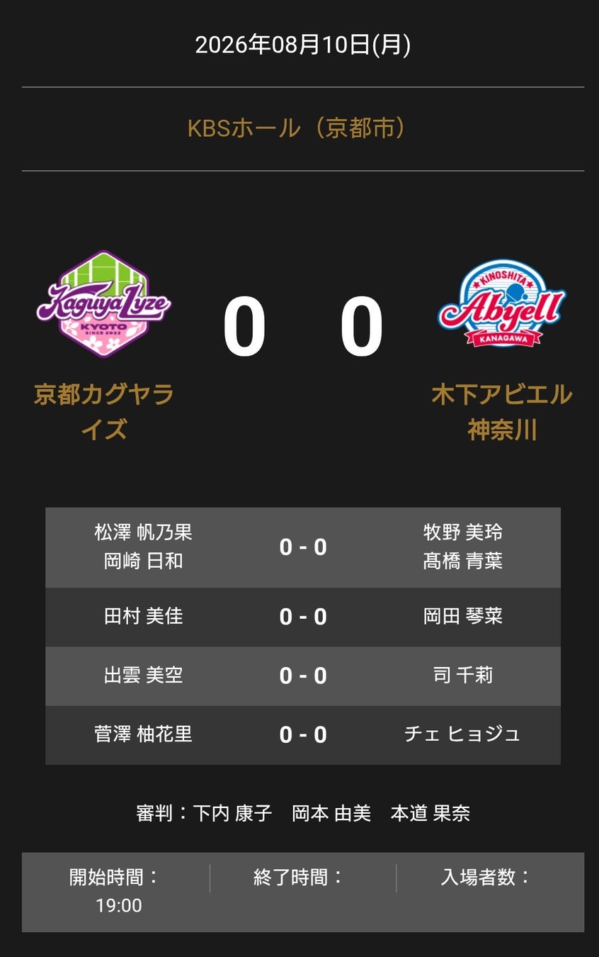 ノジマTリーグ 2026-2027シーズン 公式戦 8月10日開催 京都カグヤライズ vs 木下アビエル神奈川 オーダー発表