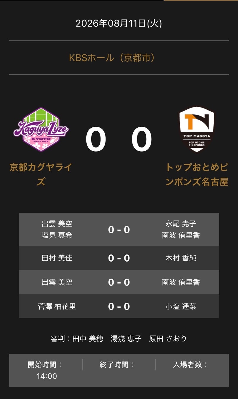 ノジマTリーグ 2026-2027シーズン 公式戦 8月11日開催 京都カグヤライズ vs トップおとめピンポンズ名古屋 オーダー発表