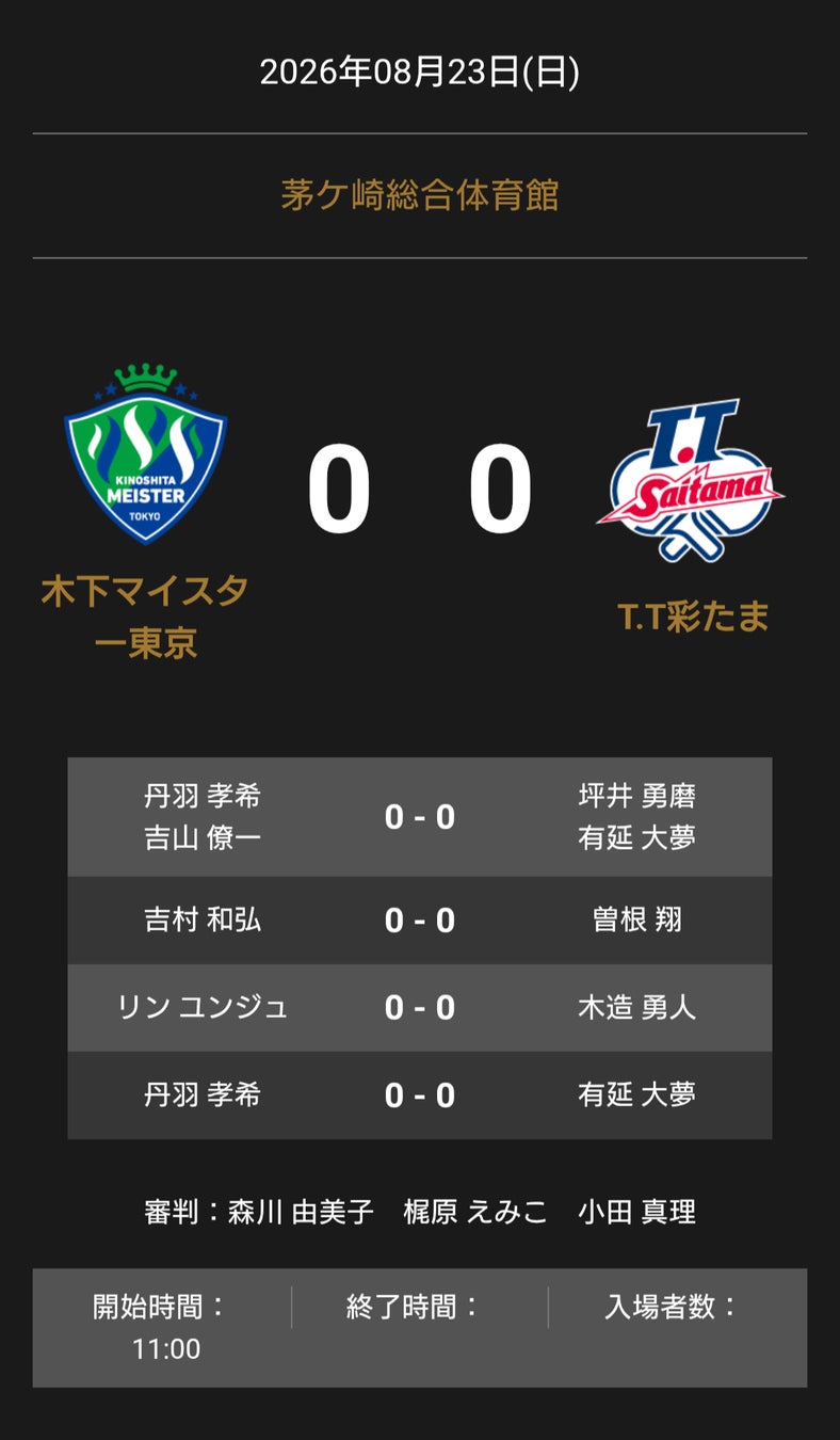 ノジマTリーグ 2026-2027シーズン 公式戦 8月23日開催 木下マイスター東京 vs T.T彩たま オーダー発表