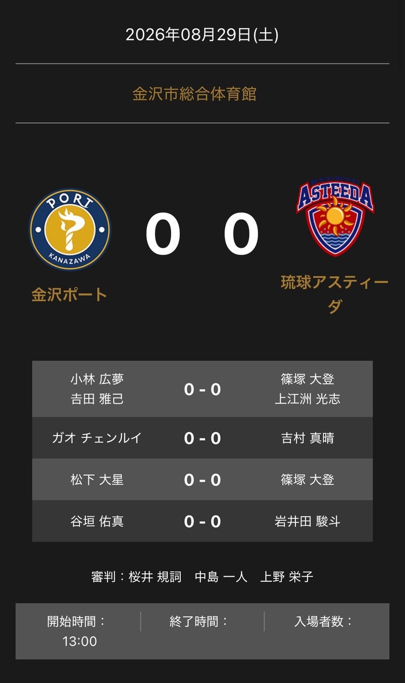 ノジマTリーグ　2026-2027シーズン　公式戦　8月29日（土）開催　金沢ポート vs 琉球アスティーダ　対戦オーダー発表