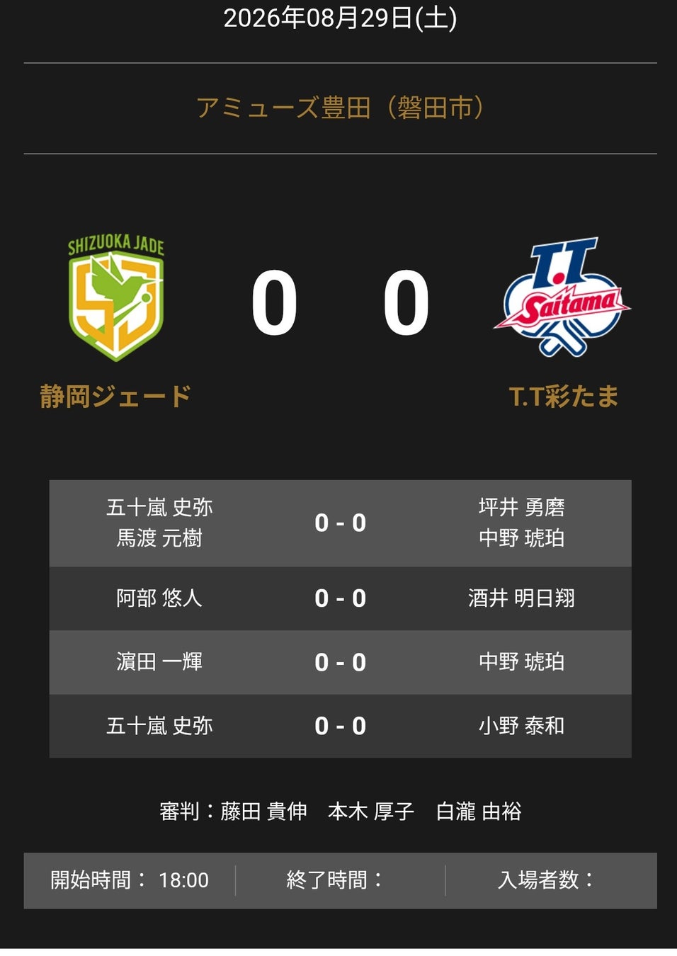 ノジマTリーグ 2026-2027シーズン 公式戦 8月29日開催 静岡ジェード vs T.T彩たま オーダー発表