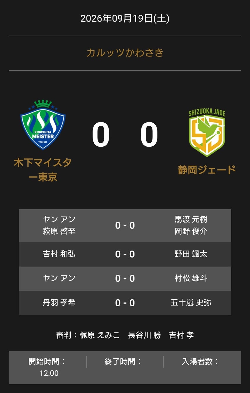 ノジマTリーグ 2026-2027シーズン 公式戦 9月19日開催 木下マイスター東京 vs 静岡ジェード オーダー発表
