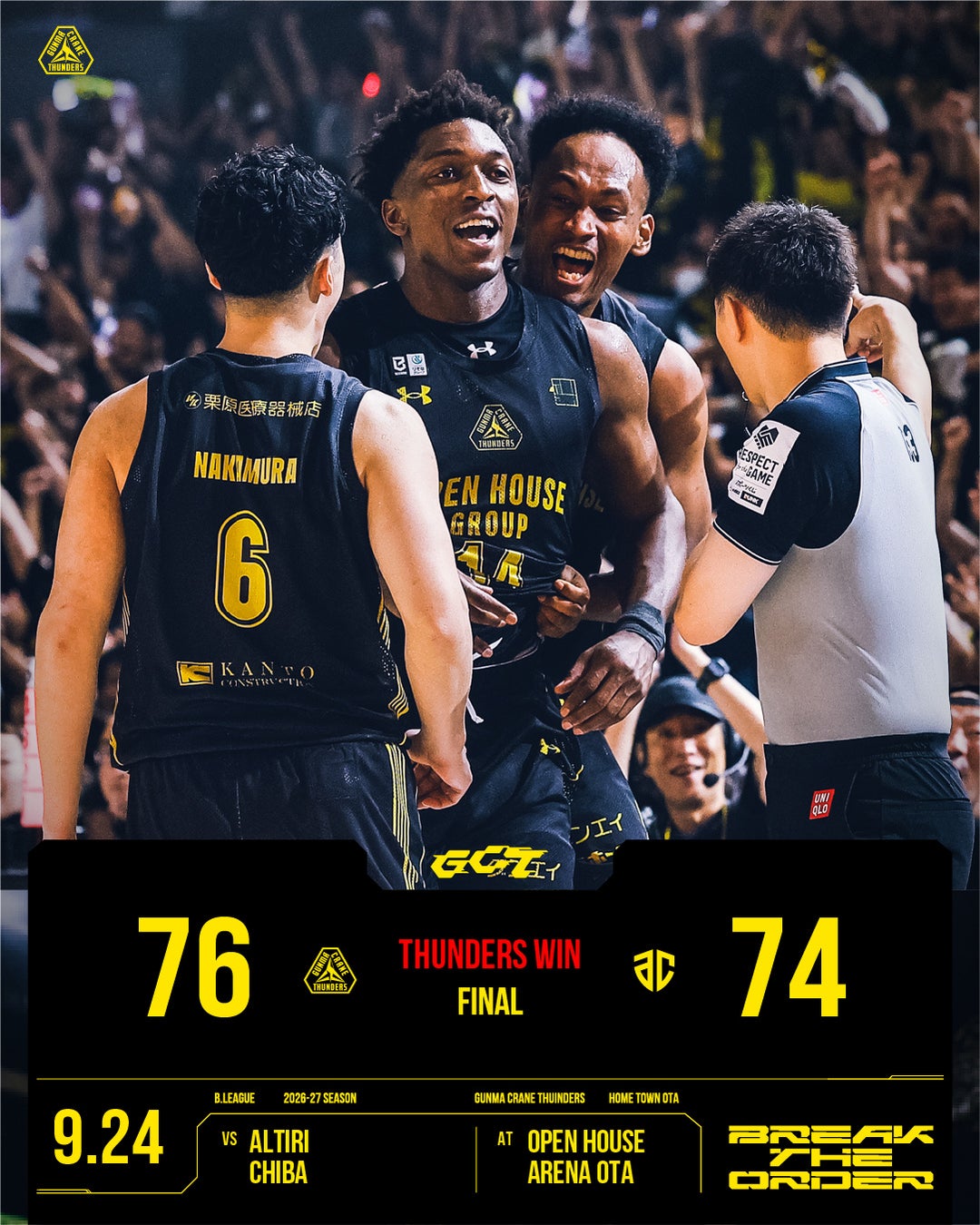 【群馬クレインサンダーズ：試合結果】9/24(木) vs アルティーリ千葉 りそなグループ B.LEAGUE 2026-27 B.LEAGUE PREMIER リーグ戦